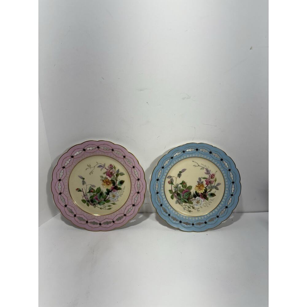 Set 2x Theodore Haviland Limoges‎ France Luncheon Etched Plate 9” Pink Blue RARE